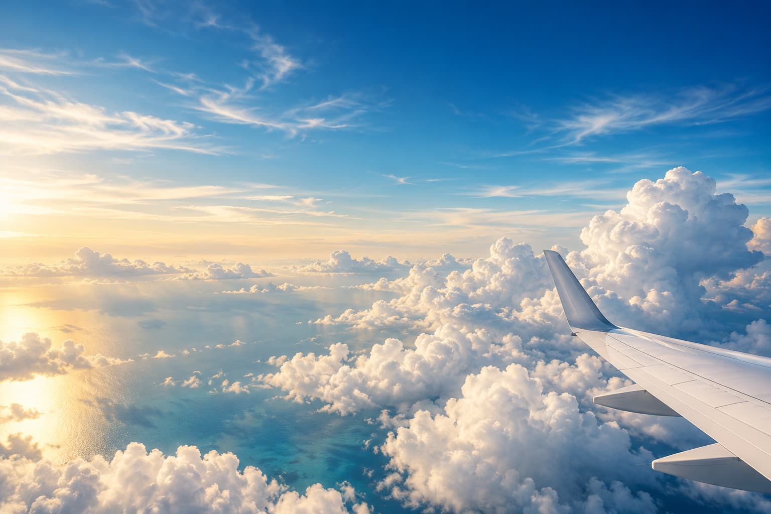 Imagen conceptual de nubes y el ala de un avión sobre el cielo azul